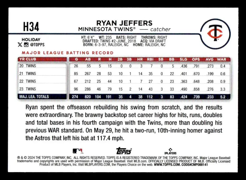 2024 Topps Holiday #H34 Ryan Jeffers - Baseball Card Single