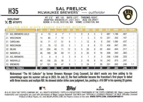 Original gloss H35 Sal Frelick baseball card from 2024 Topps Holiday series