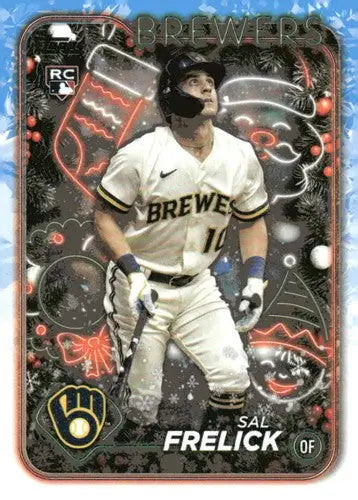 Original gloss H35 Sal Frelick baseball card from 2024 Topps Holiday featuring rookie Brewers