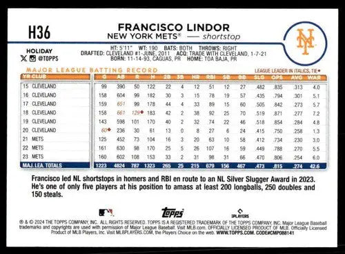 2024 Topps Holiday #H36 Francisco Lindor NM-MT Mets ID:75394 - Baseball Card Single