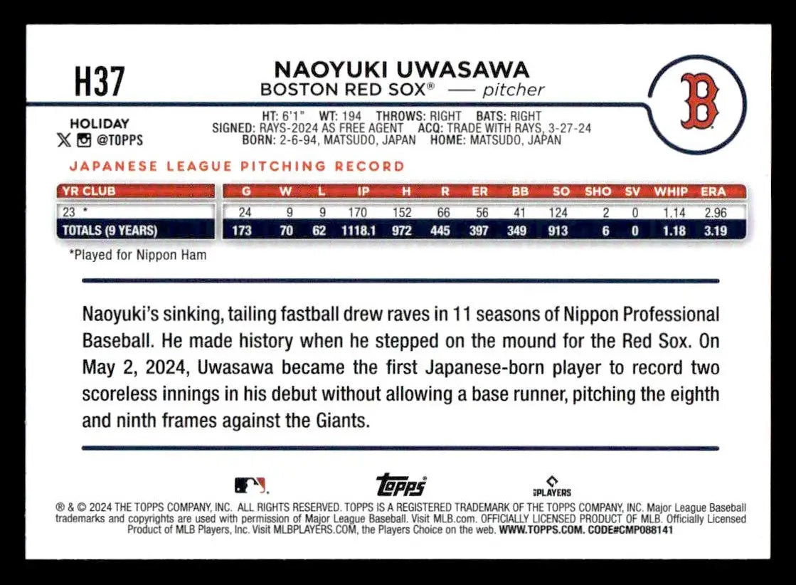 2024 Topps Holiday #H37 Naoyuki Uwasawa - Baseball Card Single