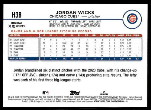 2024 Topps Holiday #H38 Jordan Wicks NM-MT RC Rookie Cubs ID:74794 - Baseball Card Single
