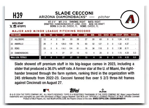 2024 Topps Holiday #H39 Slade Cecconi NM-MT RC Rookie Diamondbacks ID:74795 - Baseball Card Single