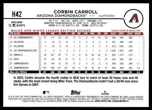 H42 Corbin Carroll Topps Holiday baseball card from 2024 Topps Holiday series