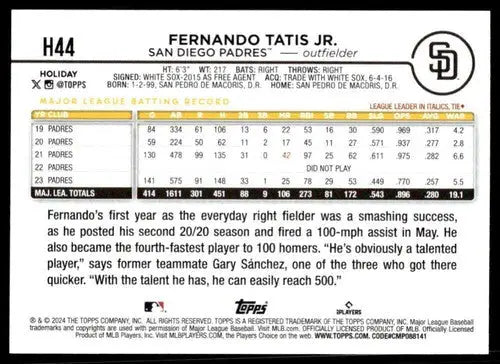 Original gloss 2024 Topps Holiday H44 Fernando Tatis Jr. Padres baseball card