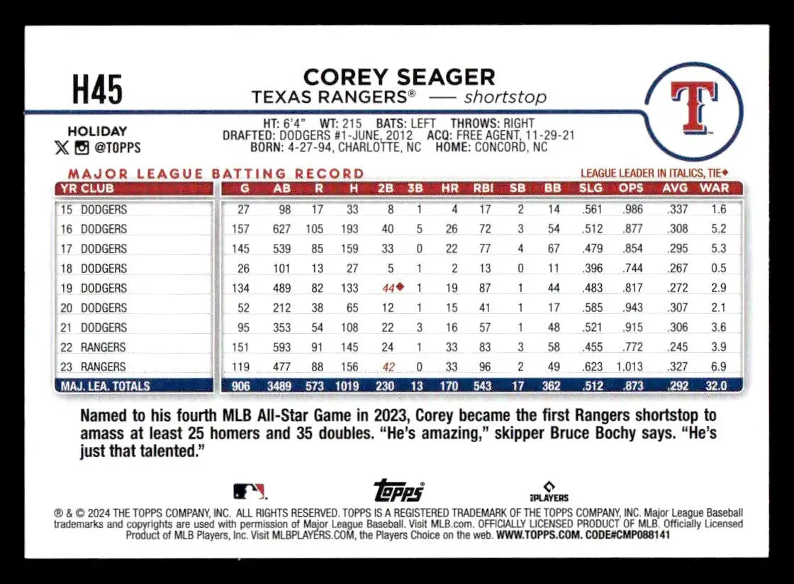 2024 Topps Holiday #H45 Corey Seager - Baseball Card Single