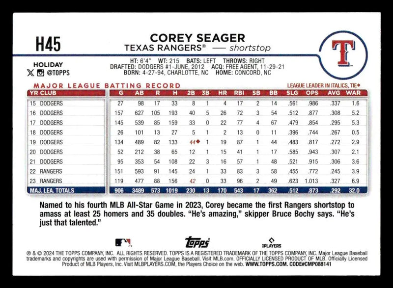 2024 Topps Holiday #H45 Corey Seager - Baseball Card Single
