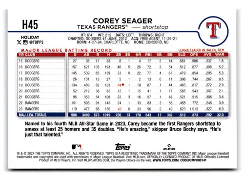 2024 Topps Holiday #H45 Corey Seager NM-MT Rangers ID:74798 - Baseball Card Single