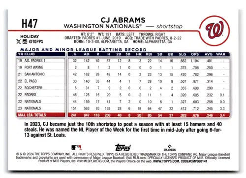 2024 Topps Holiday #H47 CJ Abrams NM-MT Nationals ID:74800 - Baseball Card Single