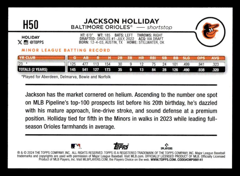 2024 Topps Holiday #H50 Jackson Holliday - Baseball Card Single