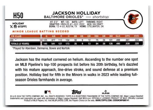 2024 Topps Holiday H50 Jackson Holliday NM-MT RC Orioles baseball card with original gloss