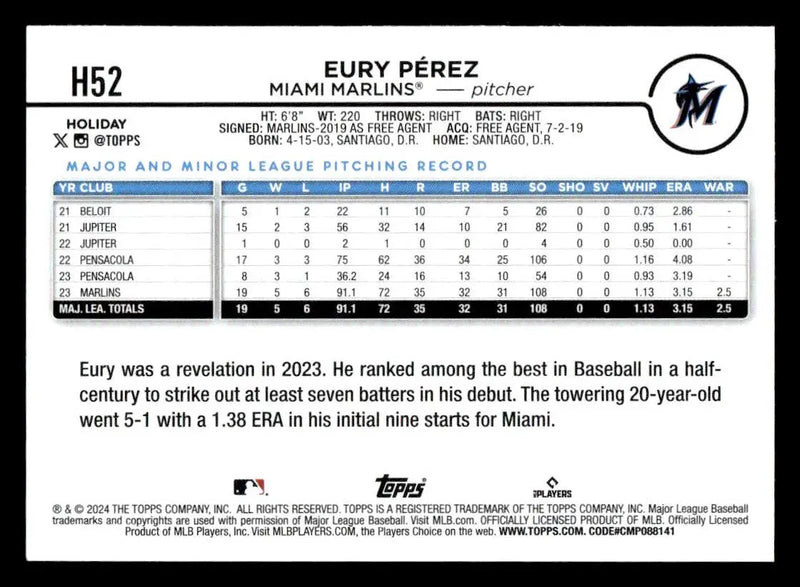 2024 Topps Holiday #H52 Eury Pérez - Baseball Card Single