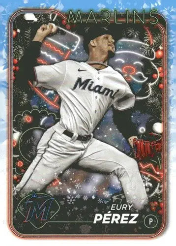 Original gloss 2024 Topps Holiday Eury Perez baseball card displayed