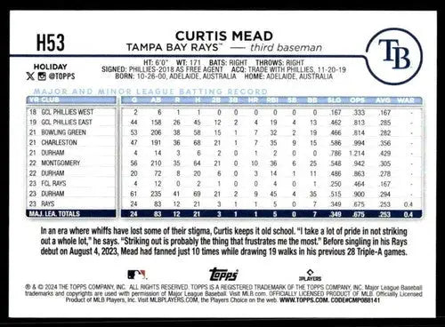 2024 Topps Holiday #H53 Curtis Mead NM-MT RC Rookie Rays ID:75402 - Baseball Card Single