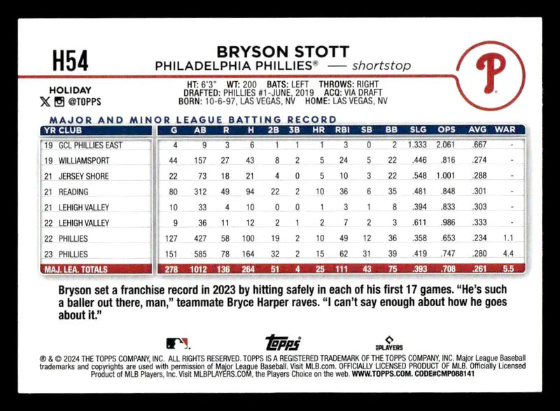 2024 Topps Holiday #H54 Bryson Stott - Baseball Card Single