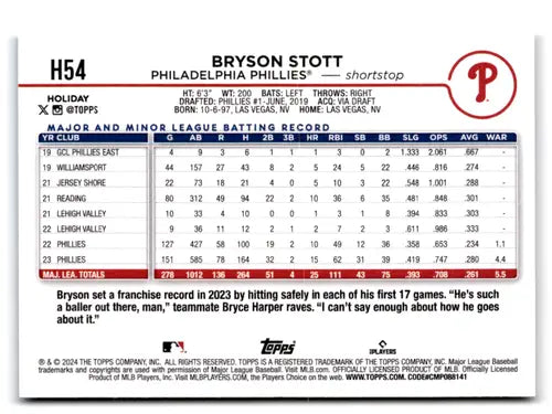H54 Bryson Stott Topps Holiday baseball card from 2024 Topps Holiday collection