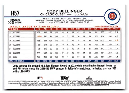 2024 Topps Holiday H57 Cody Bellinger Cubs baseball card in NM-MT condition