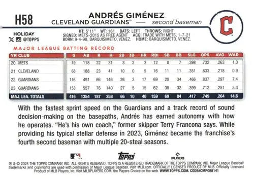 Original gloss 2024 Topps Holiday H58 Andres Gimenez Guardians baseball card image