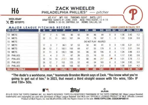 2024 Topps Holiday #H6 Zack Wheeler NM-MT Phillies ID:75372 - Baseball Card Single