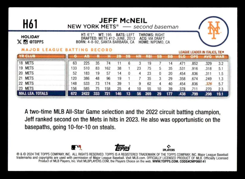 2024 Topps Holiday #H61 Jeff McNeil - Baseball Card Single