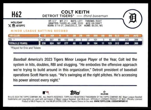 Original gloss 2024 Topps Holiday H62 Colt Keith rookie baseball card in mint condition