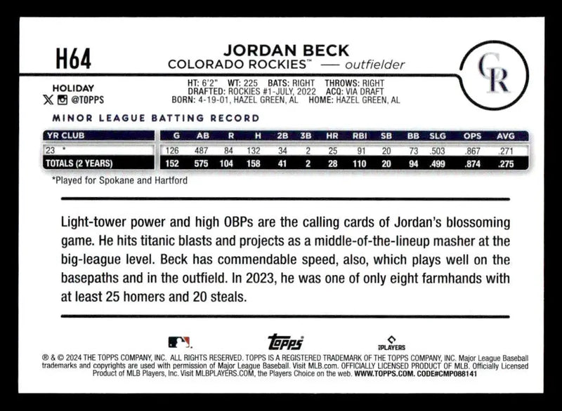 2024 Topps Holiday #H64 Jordan Beck - Baseball Card Single