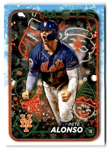 Original gloss of 2024 Topps Holiday H66 Pete Alonso Mets baseball card with festive design