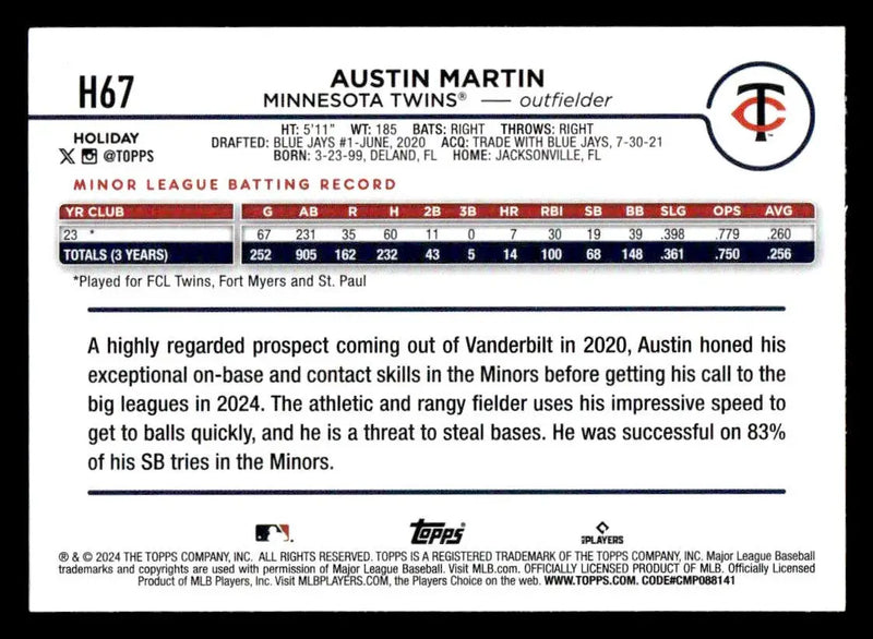 2024 Topps Holiday #H67 Austin Martin - Baseball Card Single