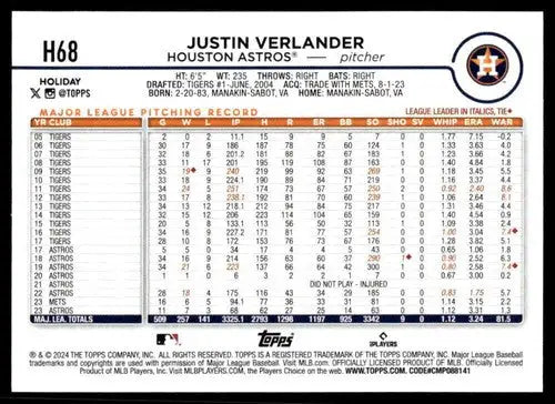 2024 Topps Holiday #H68 Justin Verlander NM-MT Astros ID:74812 - Baseball Card Single
