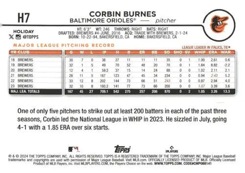 2024 Topps Holiday #H7 Corbin Burnes NM-MT Orioles ID:75373 - Baseball Card Single