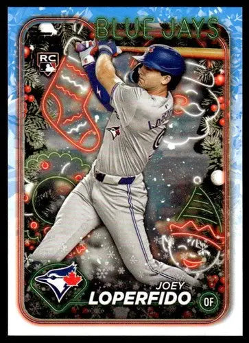 Baseball card with Christmas theme from Topps Holiday featuring Joey Loperfido rookie