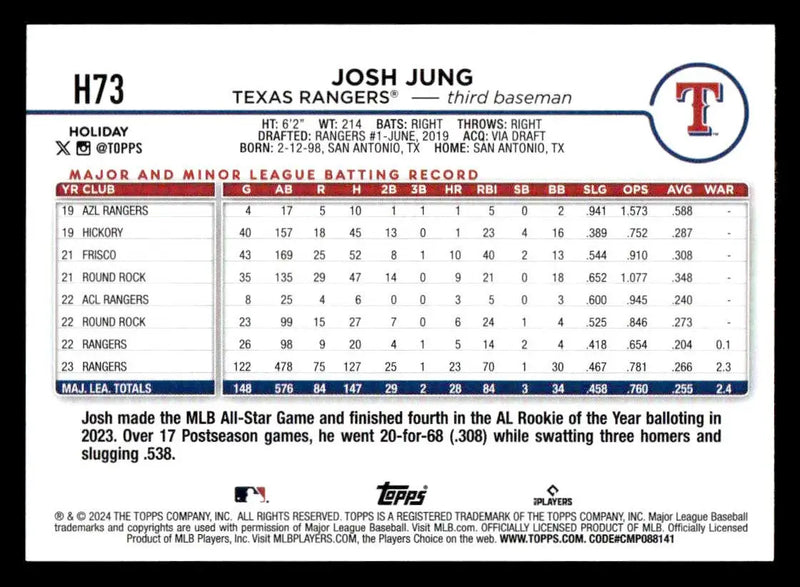 2024 Topps Holiday #H73 Josh Jung - Baseball Card Single