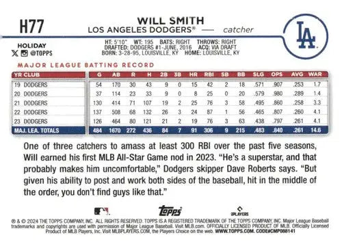 2024 Topps Holiday #H77 Will Smith NM-MT Dodgers ID:76626 - Baseball Card Single