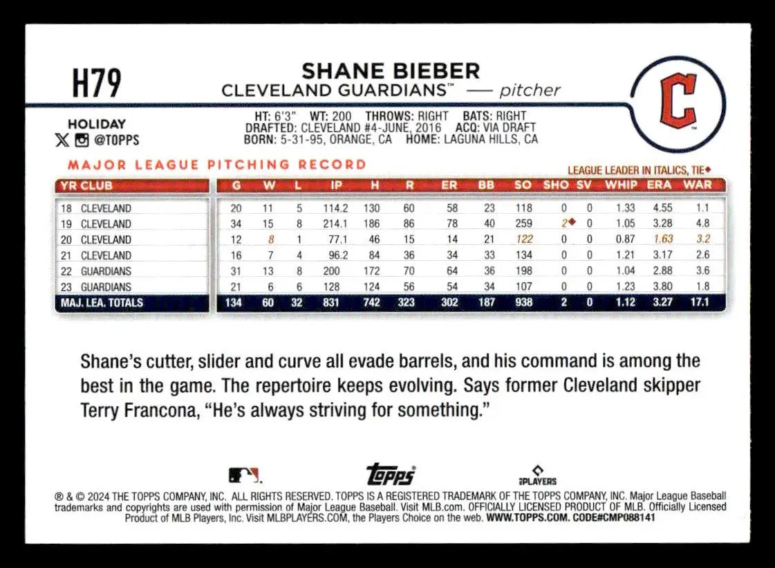 2024 Topps Holiday #H79 Shane Bieber - Baseball Card Single