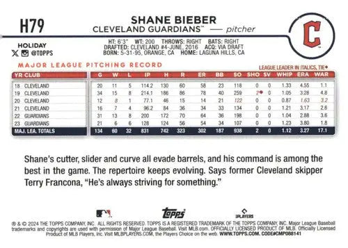 Original gloss H79 Shane Bieber baseball card from 2024 Topps Holiday series