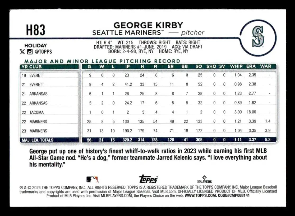 2024 Topps Holiday #H83 George Kirby - Baseball Card Single