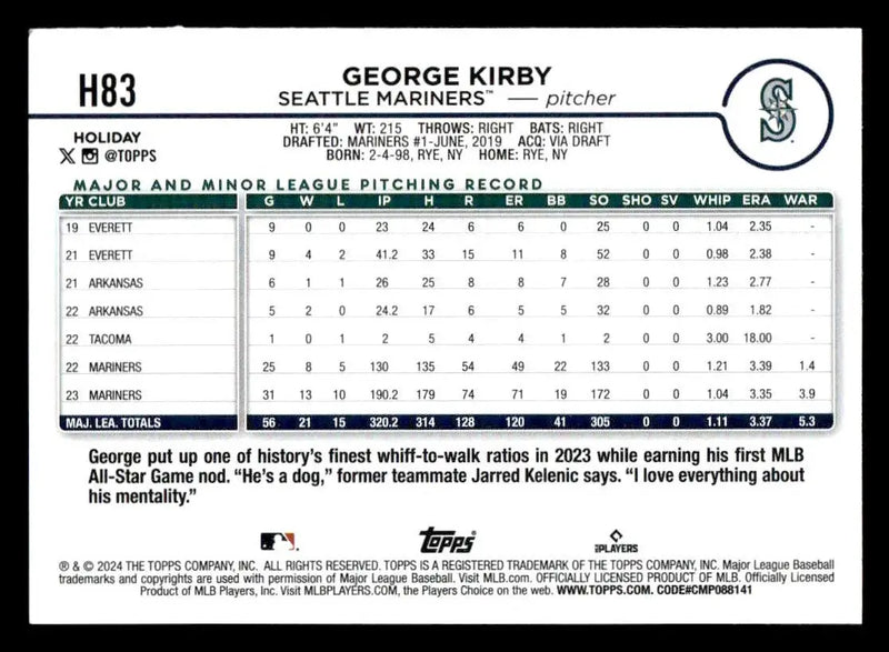 2024 Topps Holiday #H83 George Kirby - Baseball Card Single