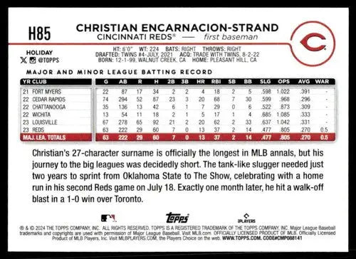 Baseball card back showcasing original gloss for 2024 Topps Holiday H85 Christian Encarnacion-Strand rookie re ID 76634