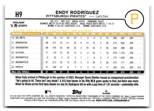 2024 Topps Holiday #H9 Endy Rodriguez NM-MT RC Rookie Pirates ID:74784 - Baseball Card Single