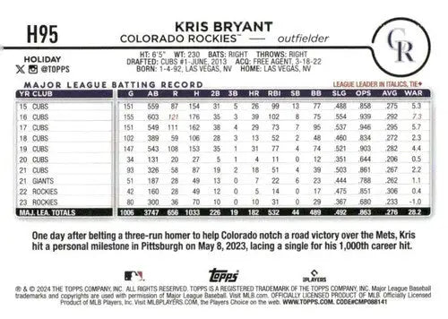 2024 Topps Holiday #H95 Kris Bryant NM-MT Rockies ID:76644 - Baseball Card Single