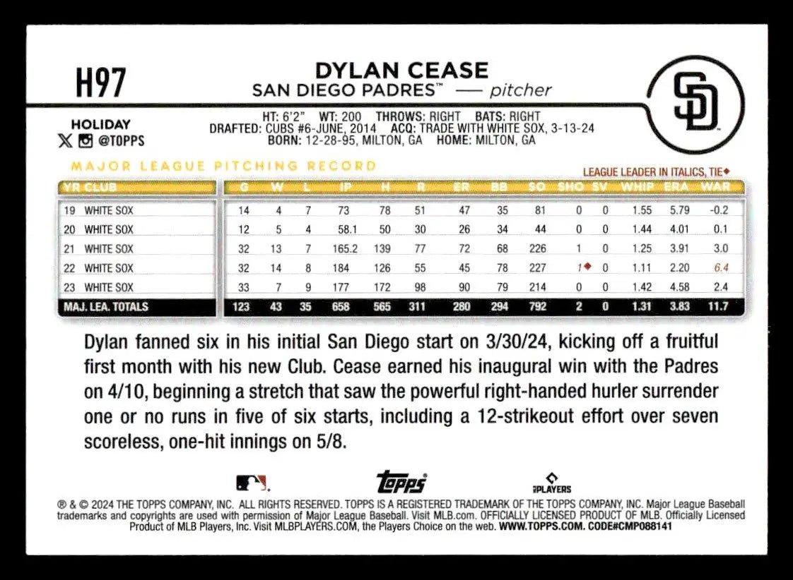 2024 Topps Holiday #H97 Dylan Cease - Baseball Card Single