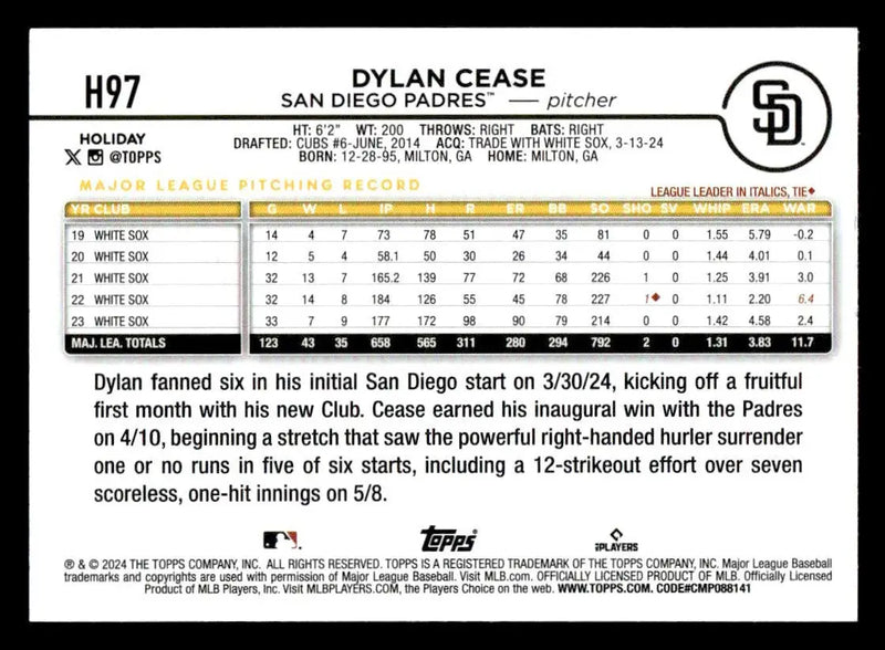 2024 Topps Holiday #H97 Dylan Cease - Baseball Card Single