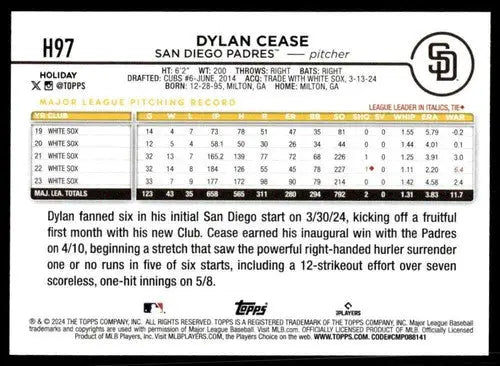 2024 Topps Holiday #H97 Dylan Cease NM-MT Padres ID:76646 - Baseball Card Single