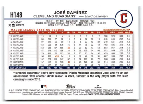 2024 Topps Holiday Image Variation #H148 Jose Ramirez NM-MT Guardians ID:76075 - Baseball Card Single