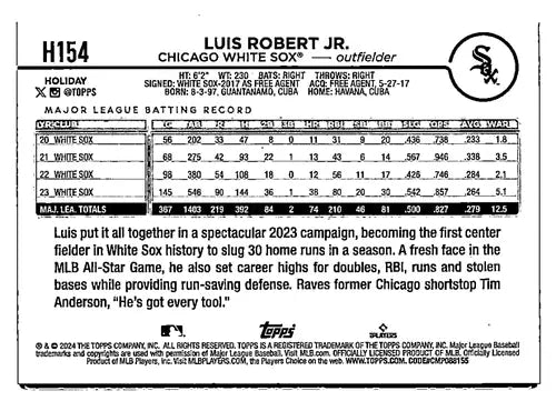 2024 Topps Holiday Image Variation #H154 Luis Robert Jr. NM-MT White So ID:75174 - Baseball Card Single