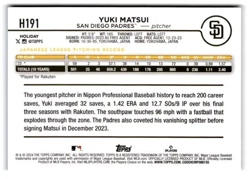 2024 Topps Holiday Image Variation #H191 Yuki Matsui NM-MT RC Rookie Pa ID:77344 - Baseball Card Single