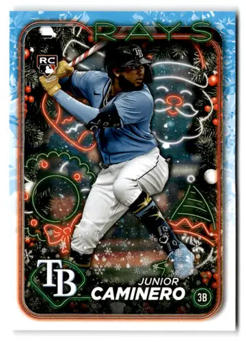 Christmas-themed baseball trading card of Junior Caminero from 2024 Topps Holiday Image Variation H25