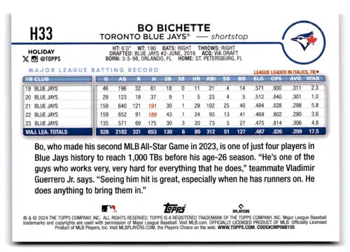 2024 Topps Holiday Image Variation #H33 Bo Bichette NM-MT Blue Jays ID:74829 - Baseball Card Single