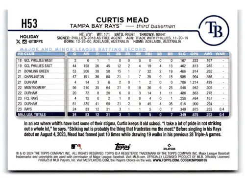 2024 Topps Holiday Image Variation #H53 Curtis Mead NM-MT RC Rookie Ray ID:75181 - Baseball Card Single