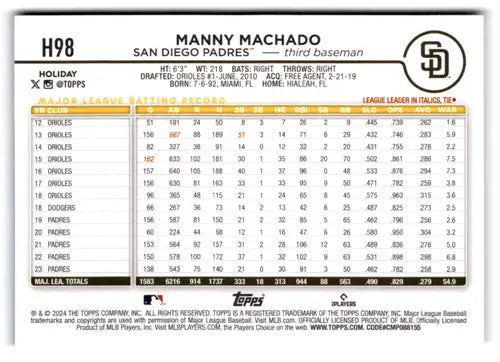 2024 Topps Holiday Image Variation #H98 Manny Machado NM-MT Padres ID:77343 - Baseball Card Single